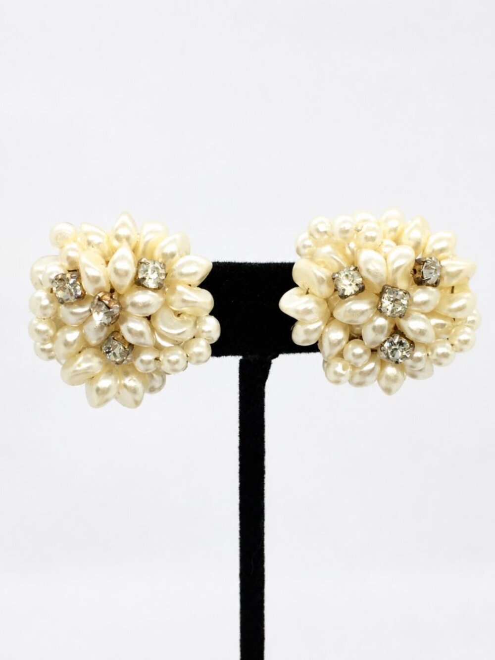 VINTAGE PEARL EARRINGS Faux Pearl Rhinestone Cluster Clip On Mid Century MCM